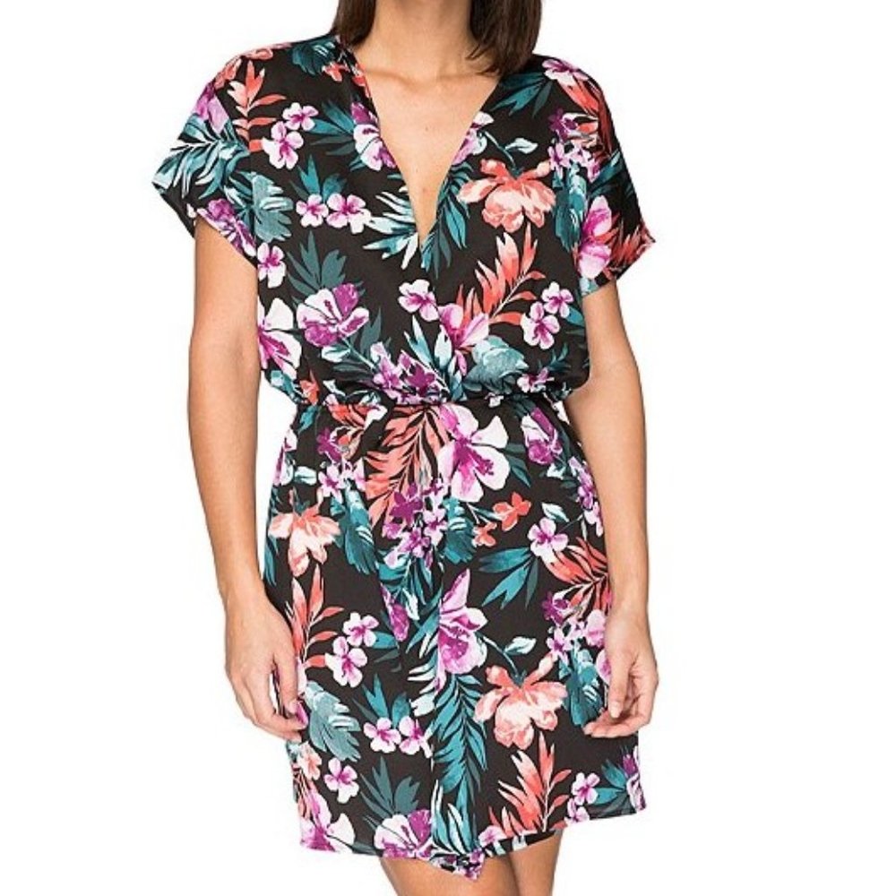Bobeau Black Floral Aniyah Surplice Dress